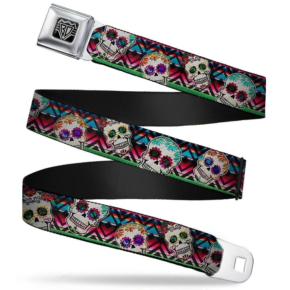 9910 Seatbelt Belt Sugar Skulls Regular, Multicolor, 1.5" Wide-24-38 Inches